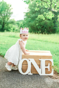 One-year-old Juliana with birthday crown and ONE letters, Harriman first birthday session
