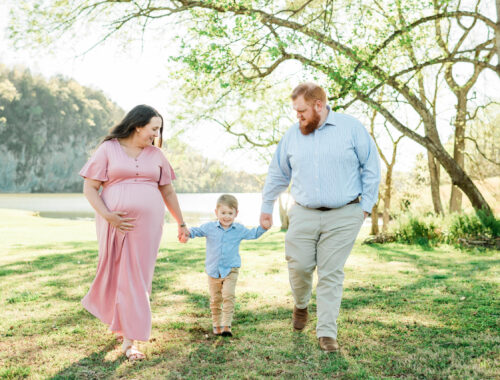 Nix family holding hands, wide shot at Melton Hill Park maternity session